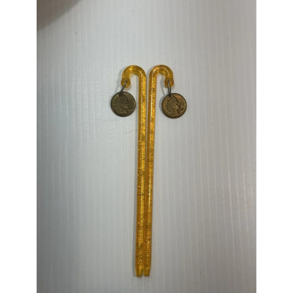 VTG Indianhead Penny Swizzle‎ Stick Drink Garnish Glitter Candy Cain Barware Bar